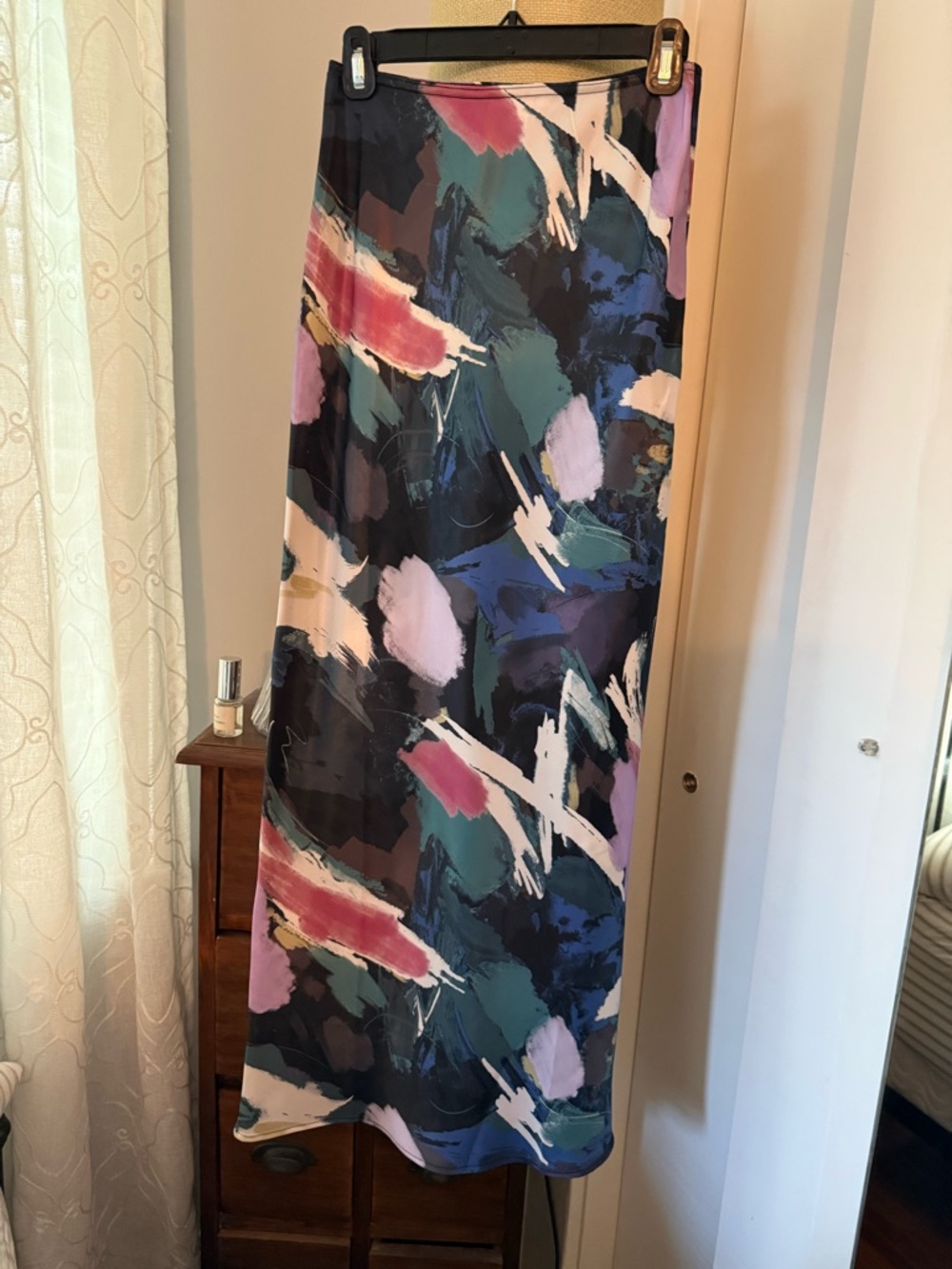 Topshop Floral Satin Midi Skirt in Pink, Teal & Navy